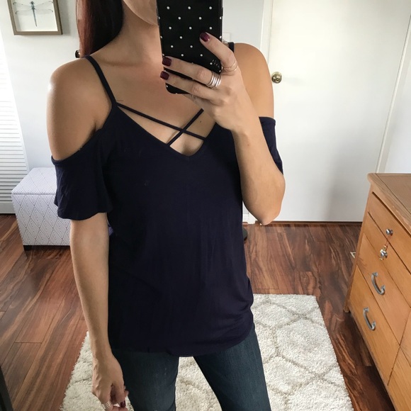 Tops - Dark Blue Cold Shoulder Top